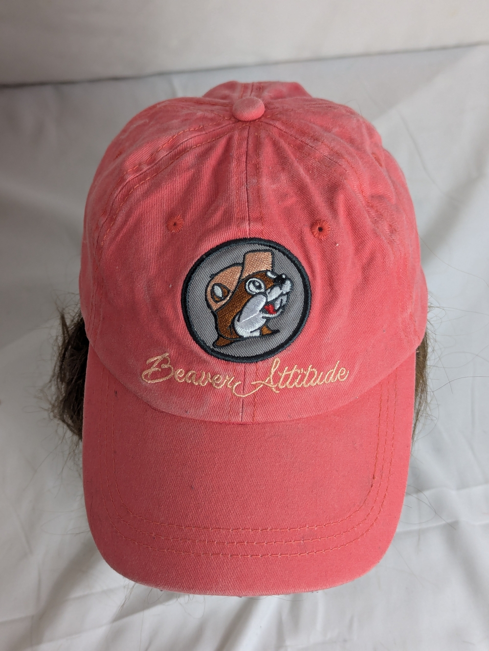 Buc-ee's Beaver Attitude Coral Colored Baseball Cap Adjustable Strap